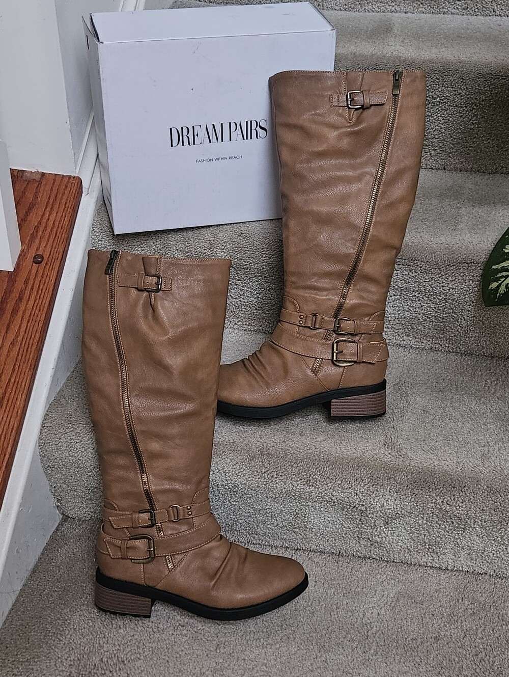 DREAM PAIRS Womens Tall Buckle Riding Boots Camel Sz 8.5 Vegan Leather Wide Calf